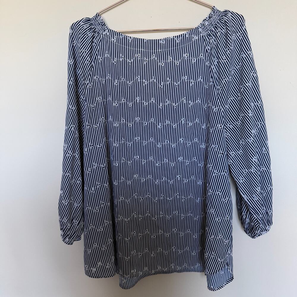 LOFT Blue Striped Scoop-Neck Long Sleeve Blouse - Picture 6 of 6